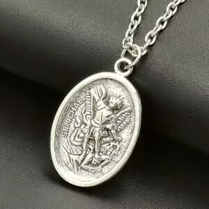 Archangel Saint Michael & Dragon Two Sided Faith Necklace 22 in. 925 Chain